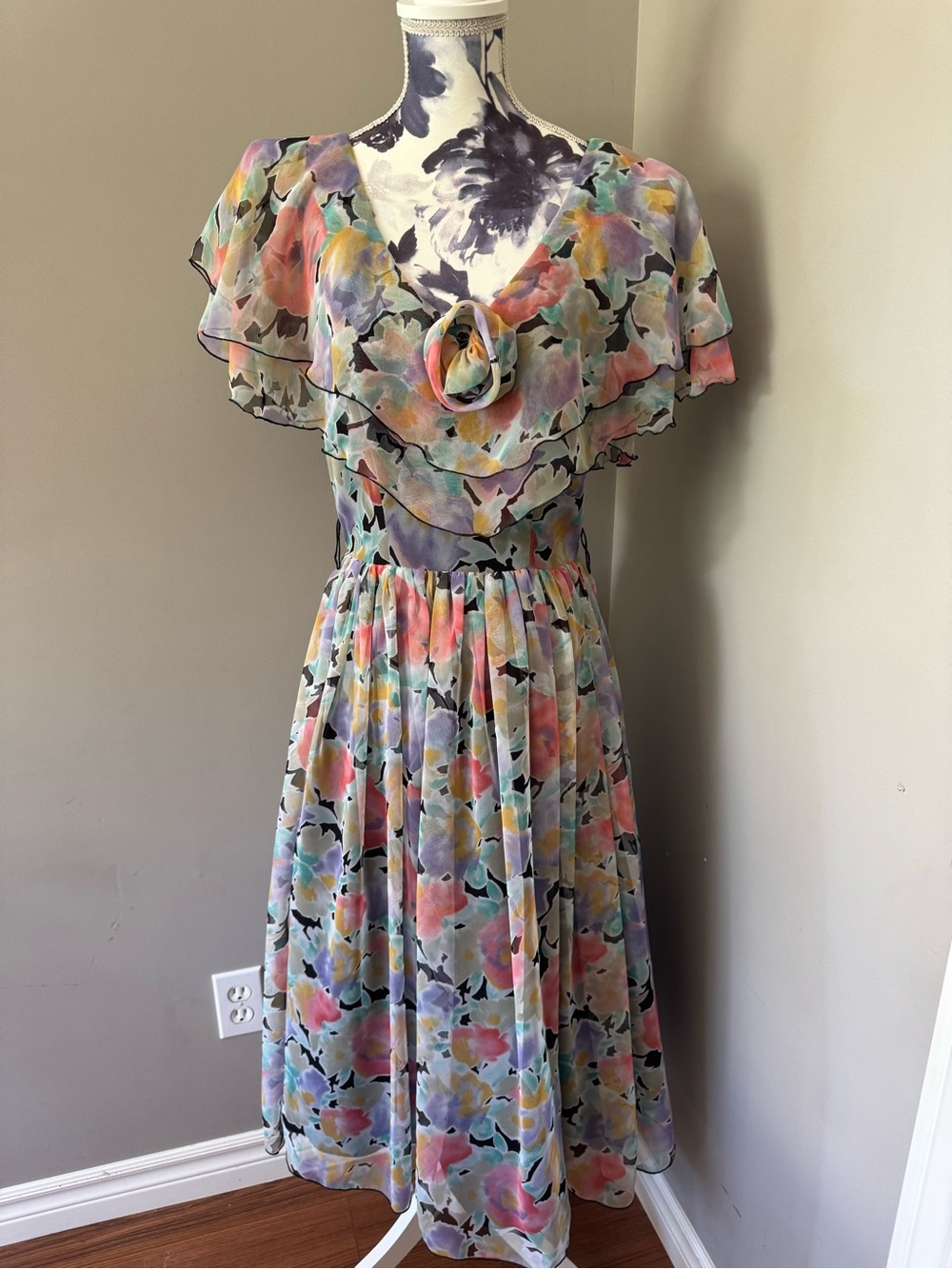 Vintage Algo Boutique Pastel Floral Ruffle Midi Dress with Rosette